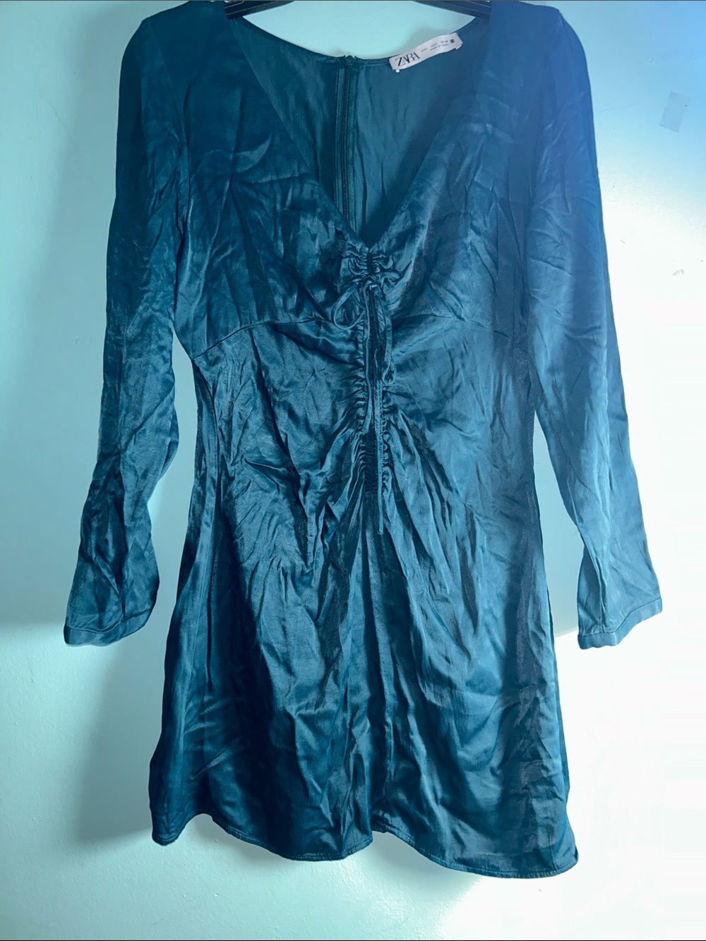 ZARA Teal Satin-Look V-Neck Ruched Tunic